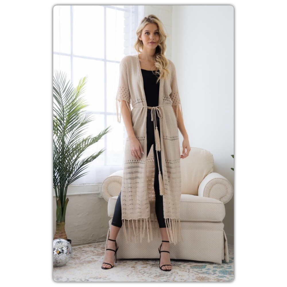 Long Fringe Duster Kimono in Natural - Picture 4 of 7